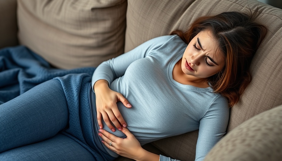 Young woman with abdominal discomfort on couch, Bacillus coagulans for IBS and SIBO.