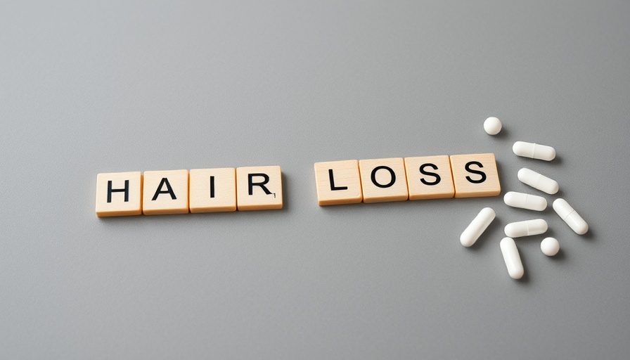 Arrangement of 'hair loss' in scrabble tiles with capsules symbolizing hair restoration.