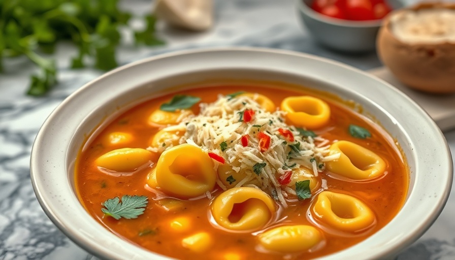 Vibrant tortellini soup with herbs on a marble countertop.