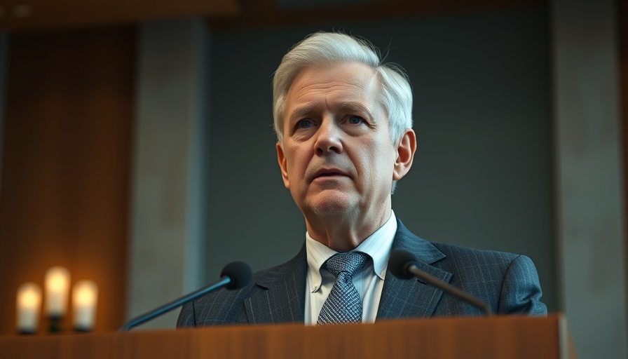Older man at a podium in a formal setting for prostate cancer diagnosis awareness.