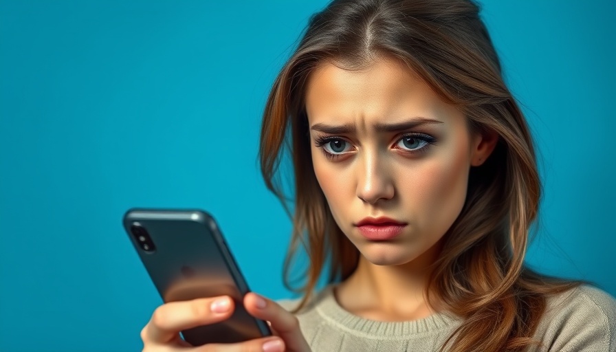 Concerned young woman examines phone, reflecting AI therapy dangers.