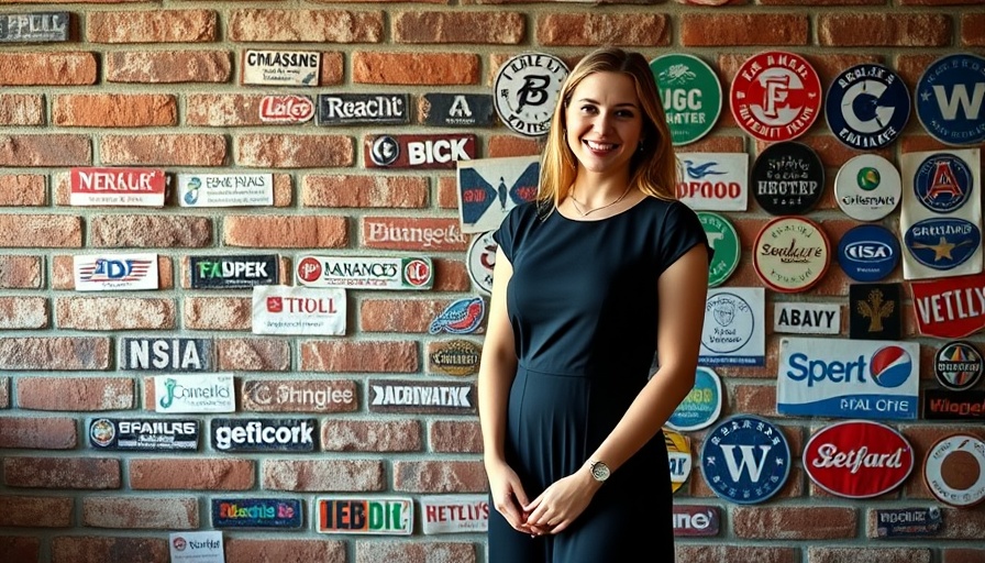 Confident woman standing against a logo-filled wall, brightly lit.