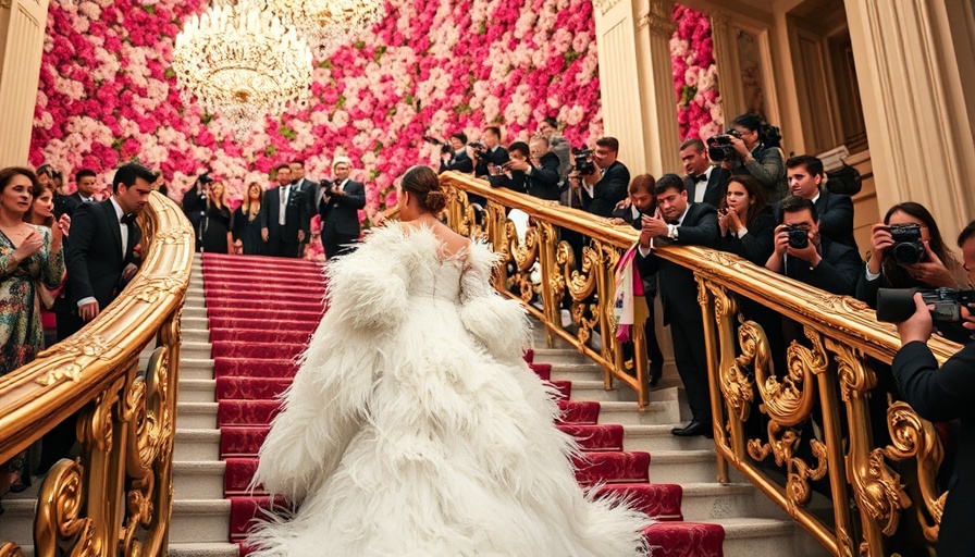 Glamorous woman in white feathered gown at a star-studded event, conveying 'Flip the Script on Aging'.