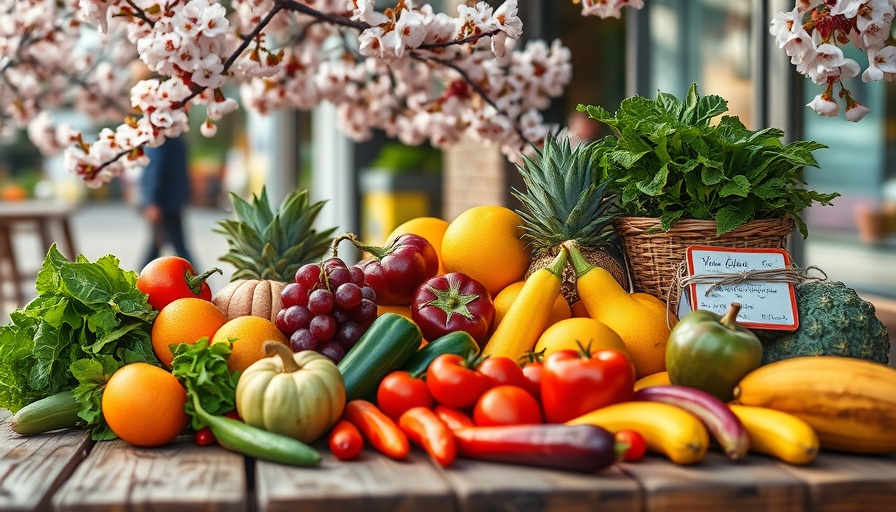 How Nutrition Can Save Your Life poster with fresh fruits by cherry blossoms.