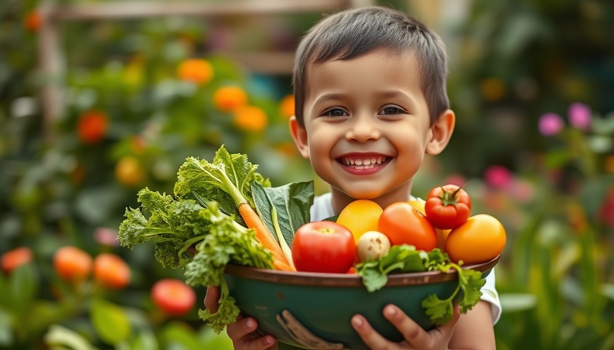 Cheerful child holding fresh vegetables in a garden, promoting detox for kids.