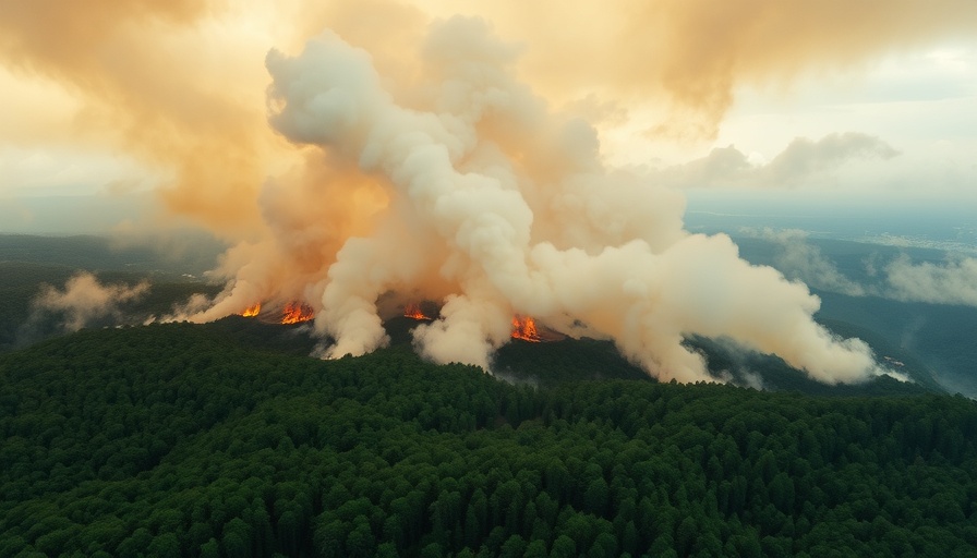 Forest fire with thick smoke in lush landscape, aerial view, dramatic.