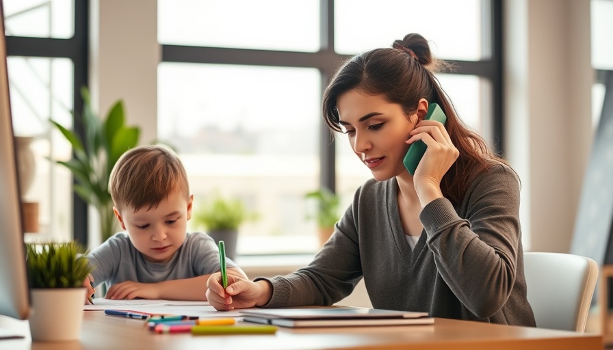 Stressed mother multitasking while child draws, Parenting Self-Acceptance.