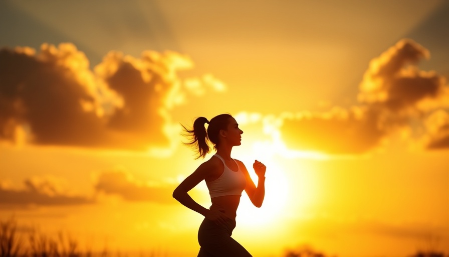 Silhouette of a female jogger running at sunset with motivational text.