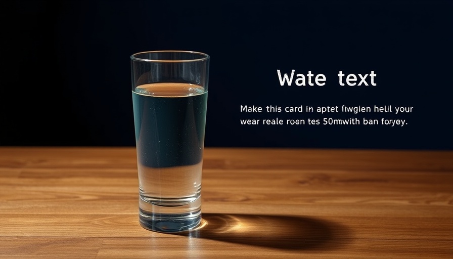 Glass of water with text overlay about water filters, wooden table.