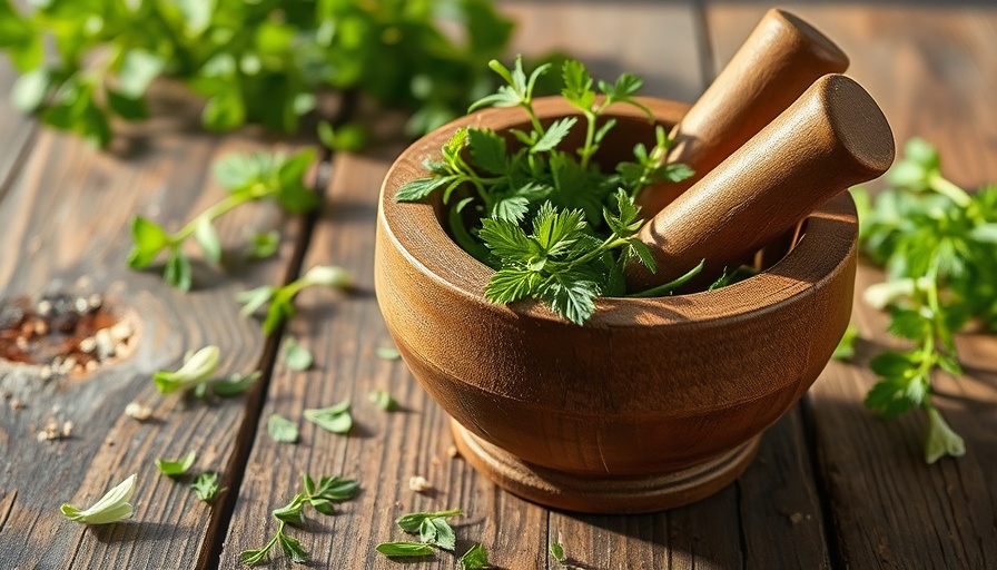 Rustic wooden mortar with fresh green herbs in serene setting.