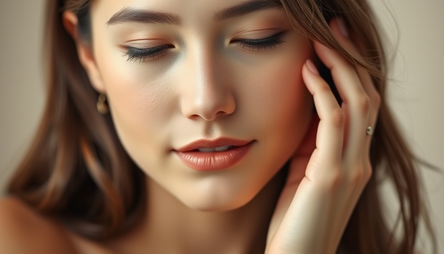 Young woman with flawless skin touching her face.