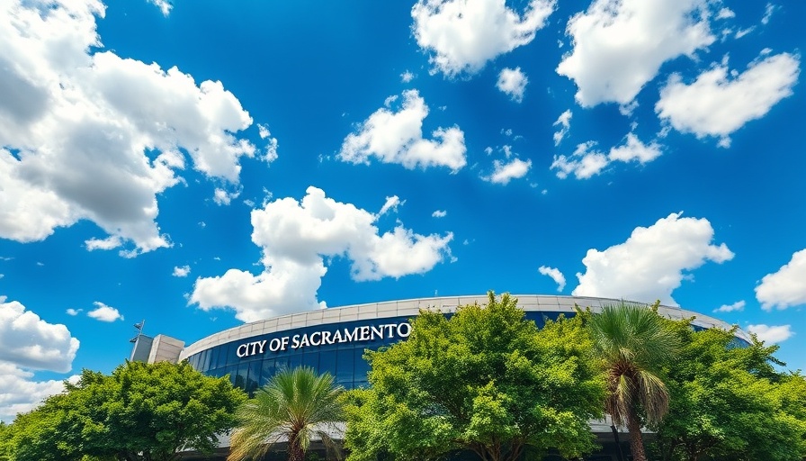 Sacramento city structure under blue sky with trees, highlighting homelessness response.