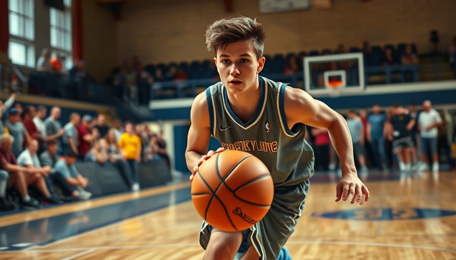 Bronny James at local sports event, dribbling basketball on court.