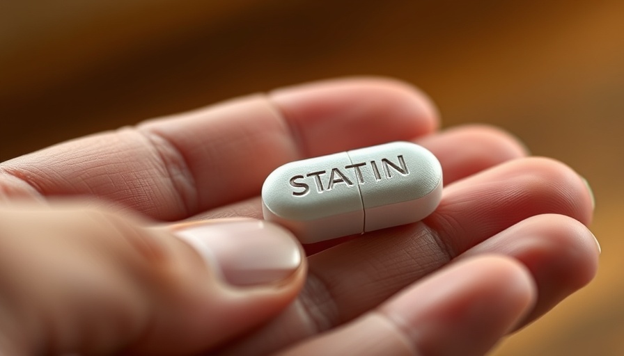 Close-up of a statin pill held by fingers, highlighting its details.