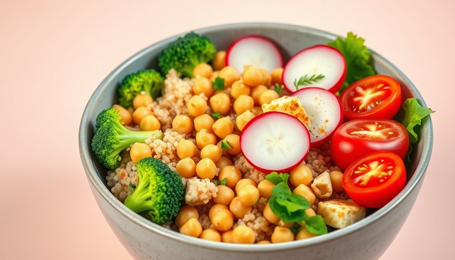 Healthy bowl of broccoli, quinoa, chickpeas, tofu, and radish for treating fatty liver disease with diet.