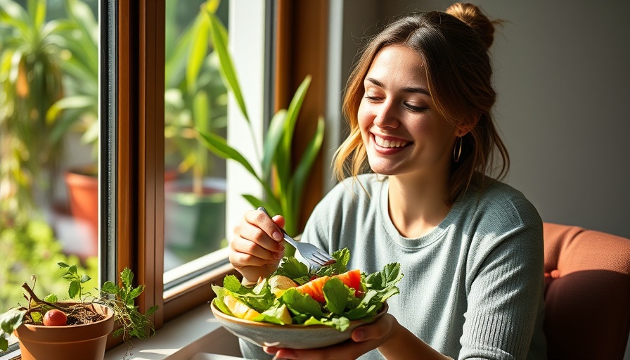 Woman enjoying salad near window, GLP-1 medications and nutrition concept.