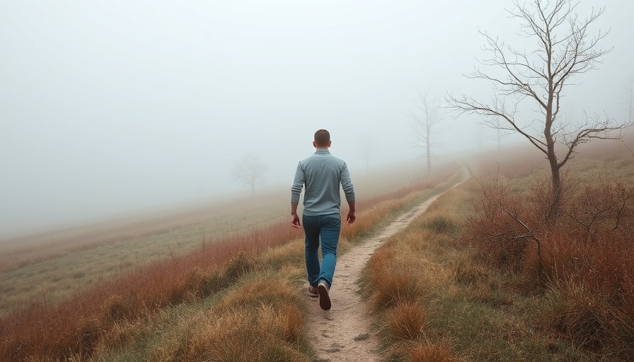 Man walking in foggy landscape promoting healthy habits.