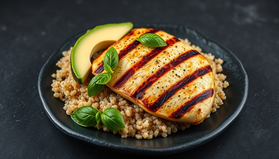 Grilled chicken with quinoa and avocado on dark plate illustrating nutritional deficiencies on GLP-1s.