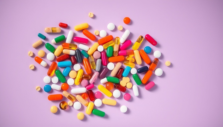 Assorted pills and vitamins on purple background for GLP-1 drugs.