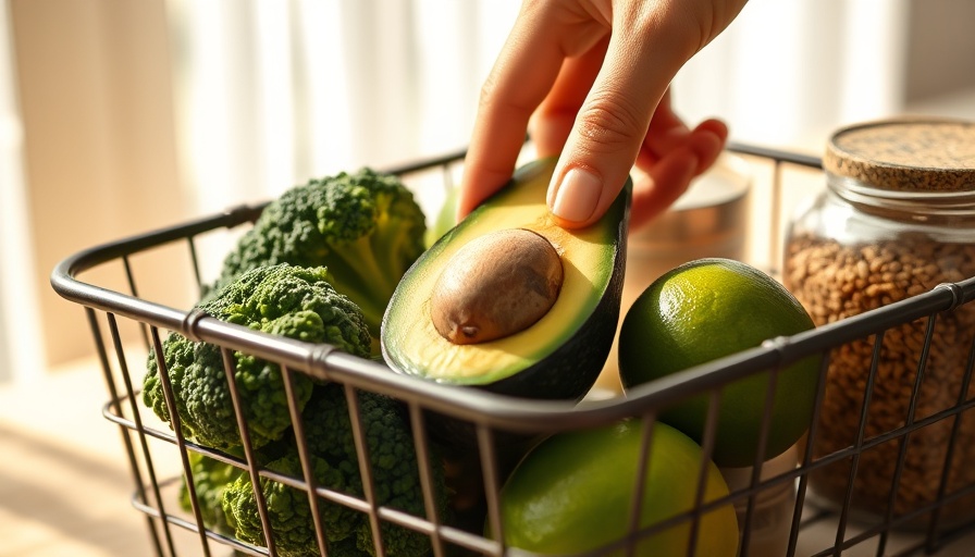 Hand placing avocado in wire basket with broccoli and grains, GLP-1 nutrition.