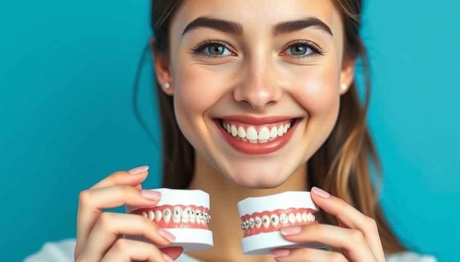 Smiling young woman with braces holding a dental model, Braces or Invisalign