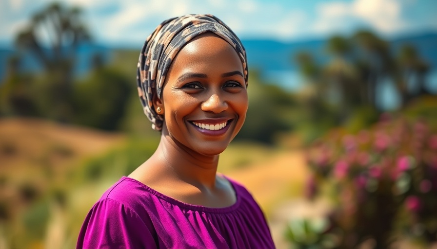 Smiling woman outdoors, wearing a purple dress and headscarf.