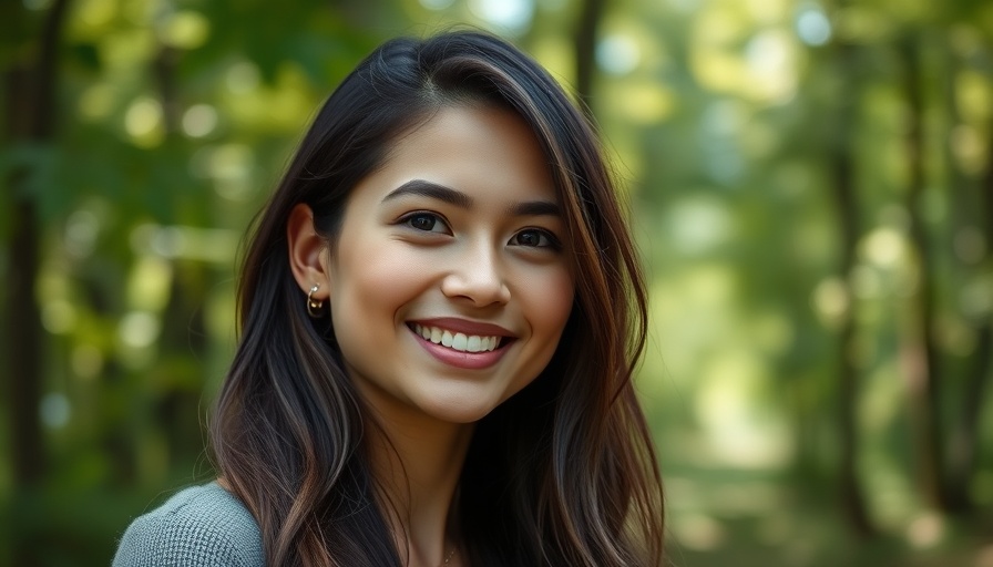 Young woman smiling outdoors, digital health innovation concept.