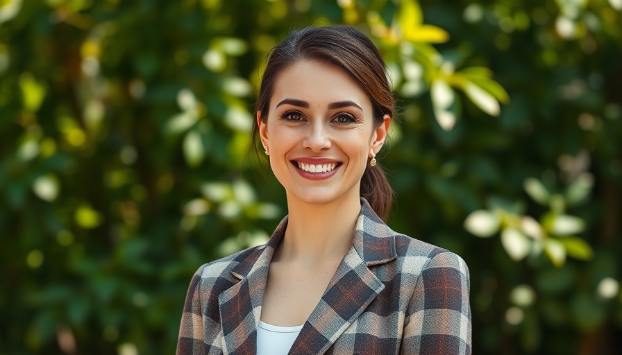 Smiling woman in plaid blazer, natural leafy background.