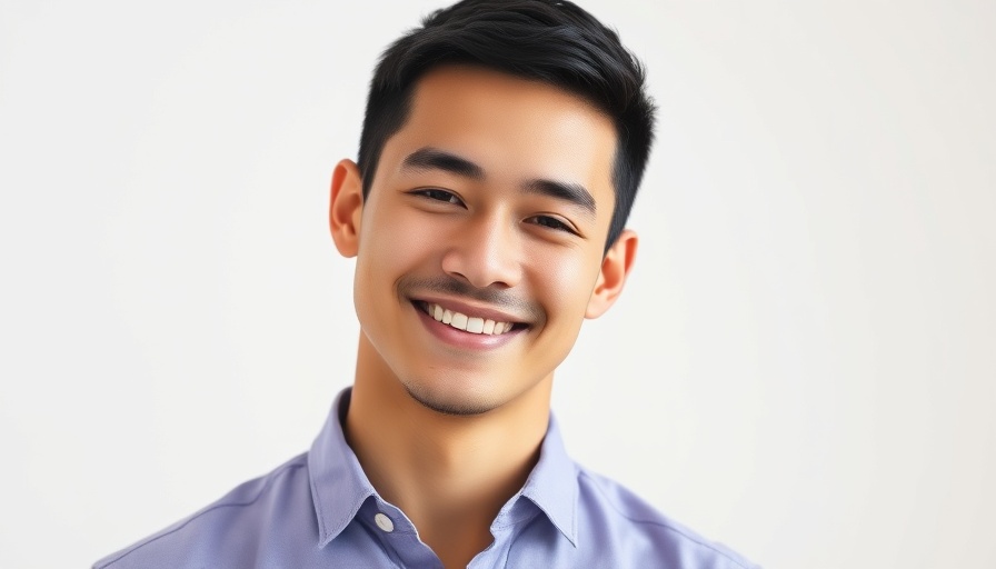 Young man smiling in a light purple shirt, promoting healthcare quality.