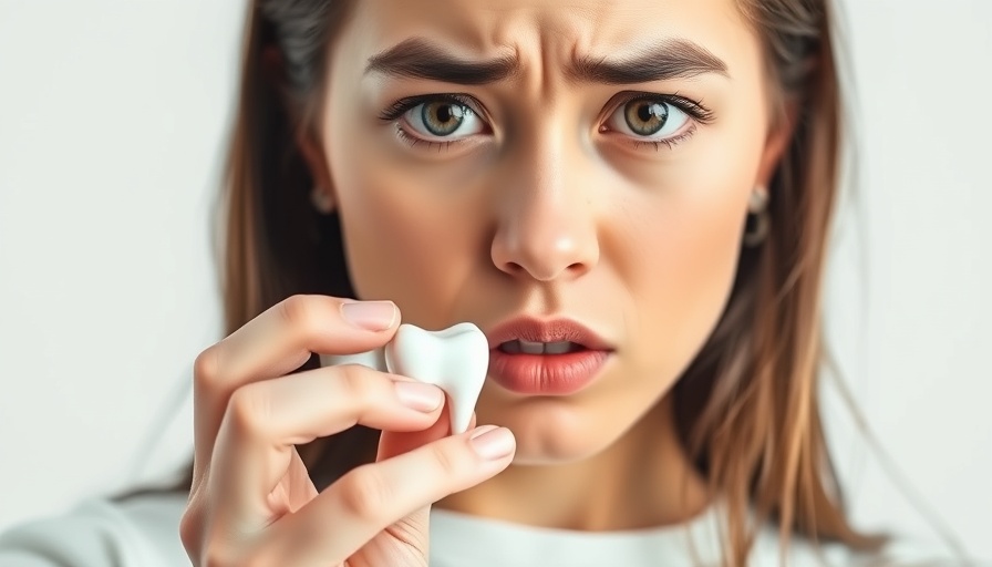 Concerned young woman with tooth model, orthodontic emergencies focus.