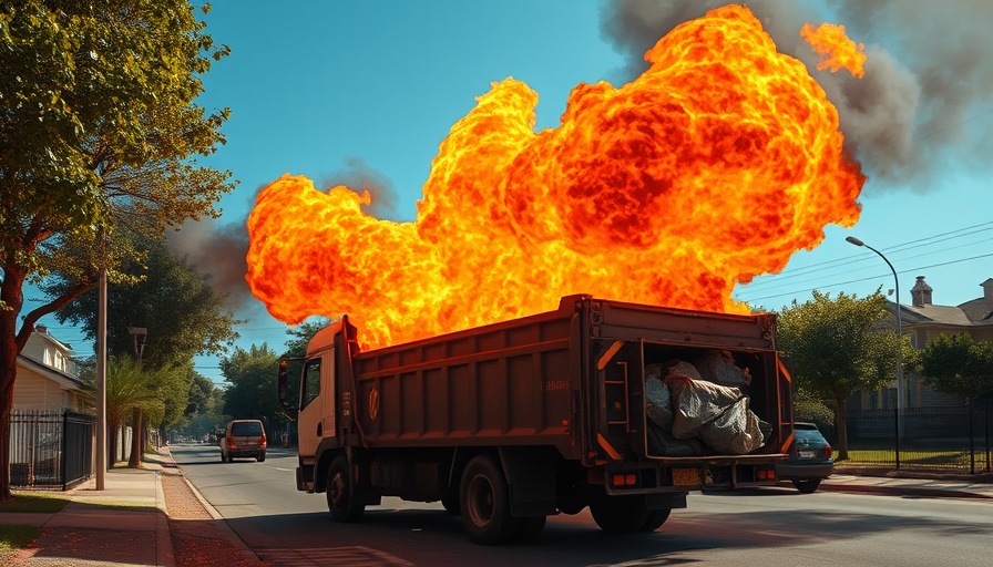 Garbage truck on fire illustrating improper waste disposal, safely disposing of waste.