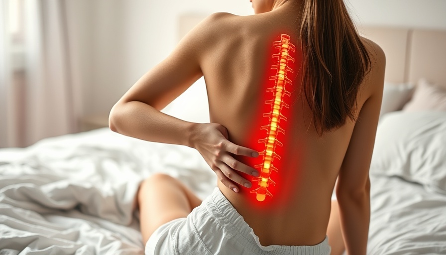Young woman showing discomfort due to back pain relief needed, sitting on bed.