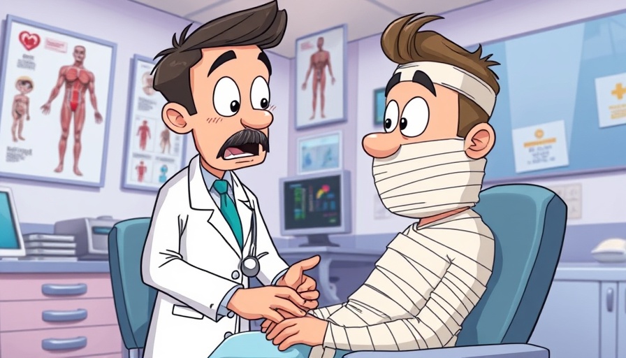 Cartoon doctor in a clinic with a bandaged patient, Chiropractic for Preventative Medicine.