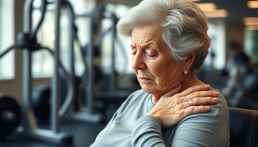 Elderly woman in gym massaging shoulder for discomfort, Chiropractic for Preventative Medicine.