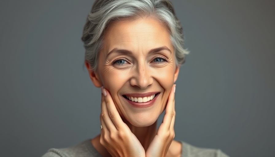 Middle-aged woman smiling, promoting exosome therapy.