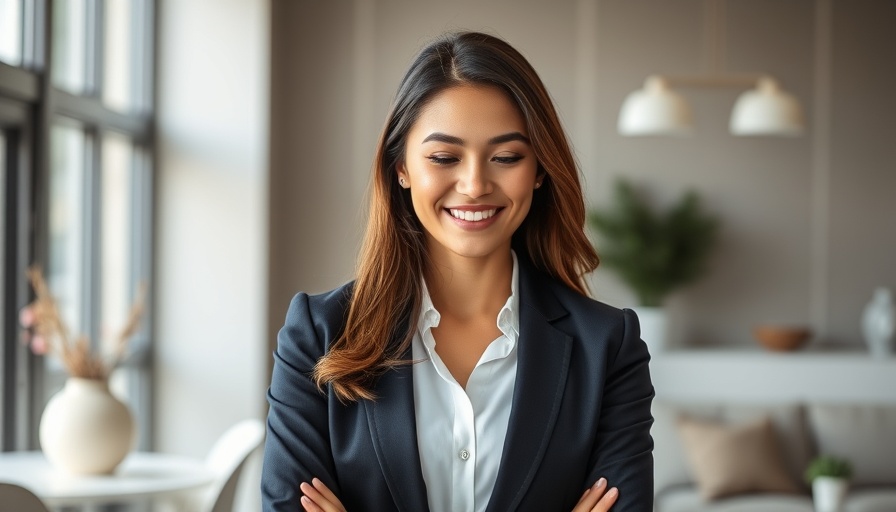 Confident woman in professional setting, skin age assessment