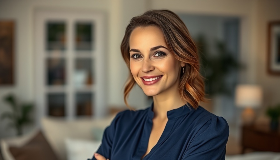 Confident woman posing indoors in navy blouse, lock-in thread.