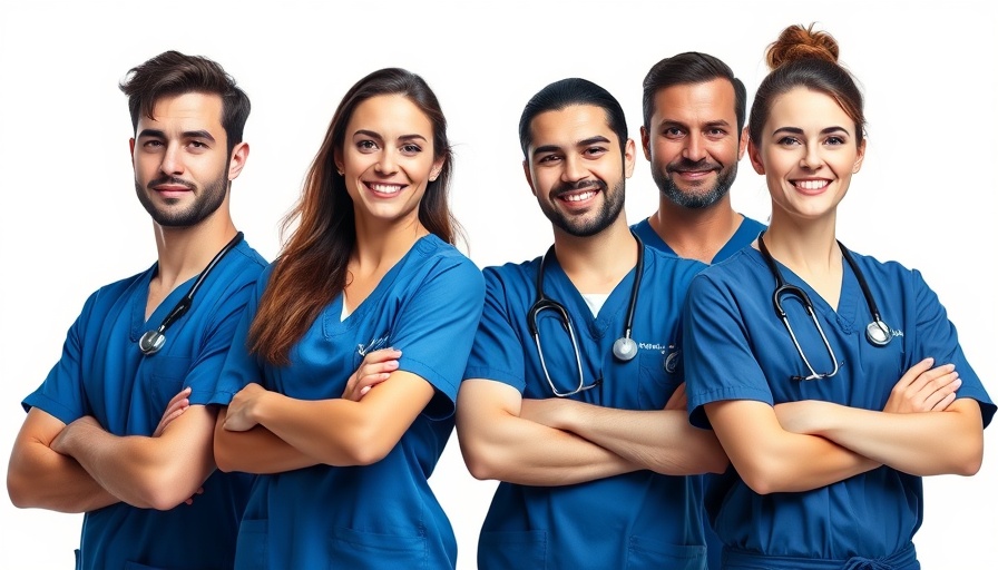 Medical professionals pose confidently in blue scrubs for anatomy course.
