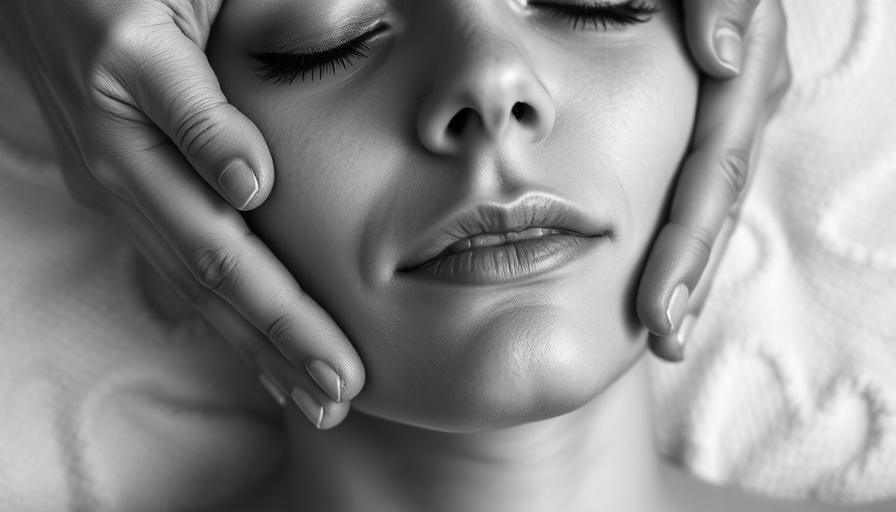 Benefits of facial massage displayed with hands massaging someone's face in grayscale.