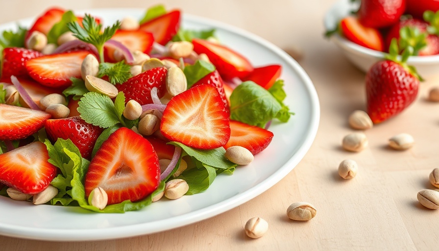 Fresh Summer Salad with Honey Roasted Pistachios and strawberries on white plate.