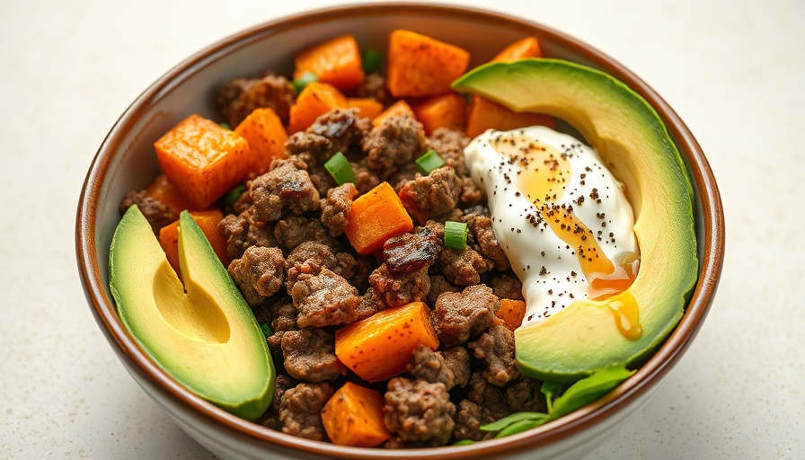 Sweet Potato Hot Honey Ground Beef Bowls with avocado slices and cottage cheese.