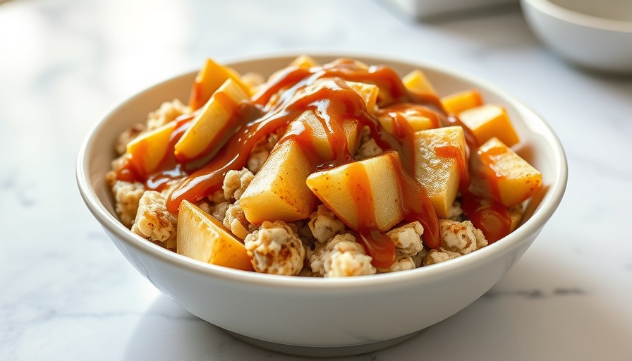 Baked apple oatmeal with peanut butter caramel sauce in a bowl