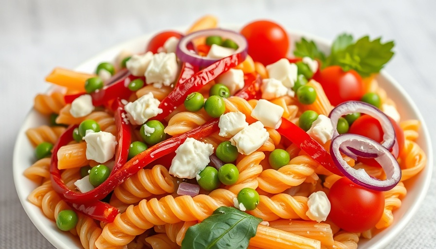 Roasted Red Pepper Pasta Salad Recipe with colorful ingredients and garnishes.
