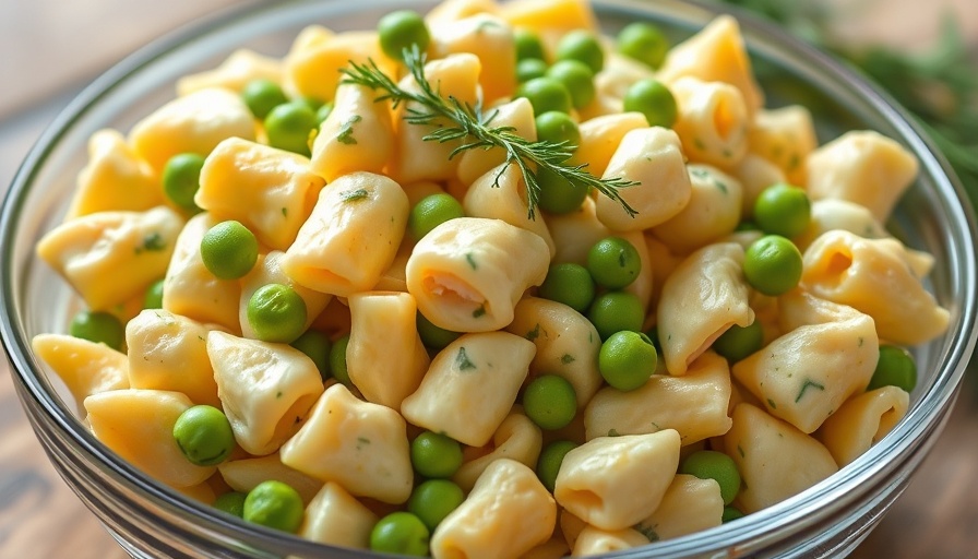 Deviled Egg Pasta Salad in glass bowl with fresh dill and peas.