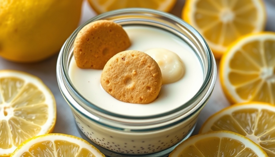 Protein lemon cream pie chia seed pudding in a jar with cookies on top.