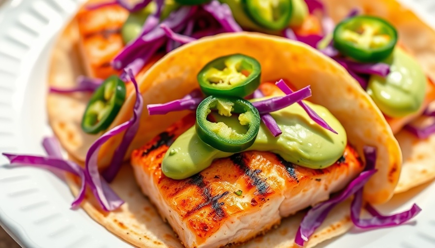 Grilled Salmon Tacos with Avocado Crema, topped with fresh toppings.