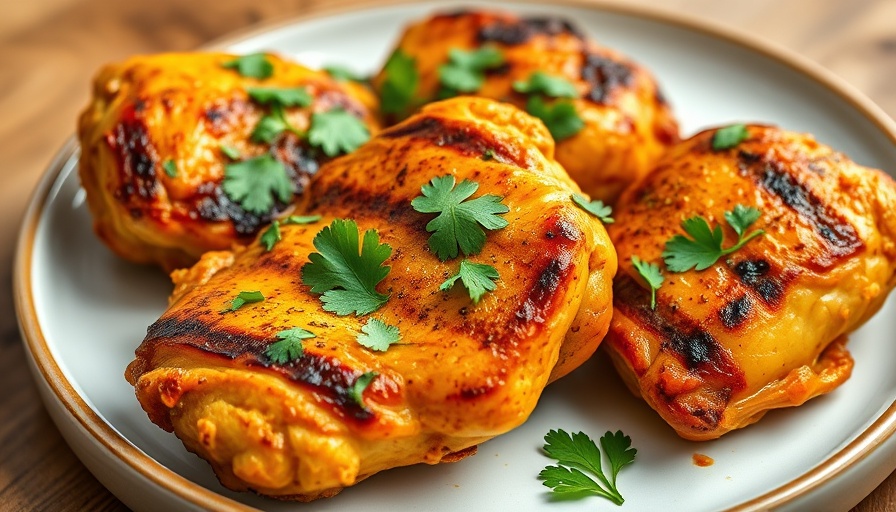Grilled turmeric chicken recipe with spices and cilantro garnish.