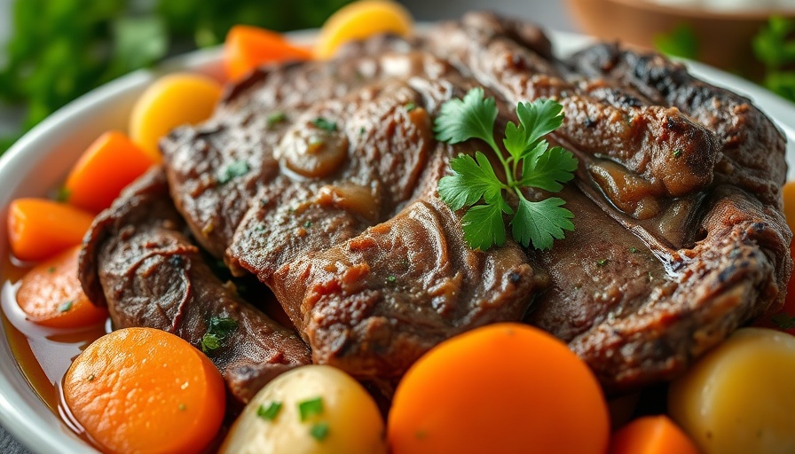 Instant Pot Pot Roast Recipe with carrots and potatoes in a bowl.