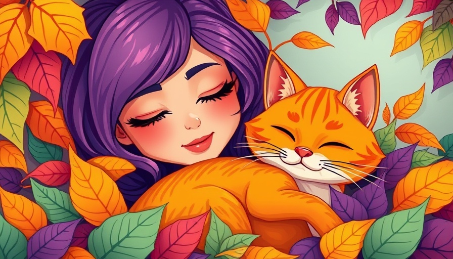 Colorful cartoon woman and cat resting for better sleep and spiritual wellness.