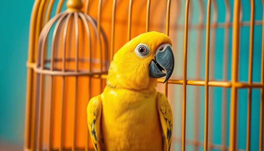Striving for Enlightenment: Parrot with cage head beside open birdcage